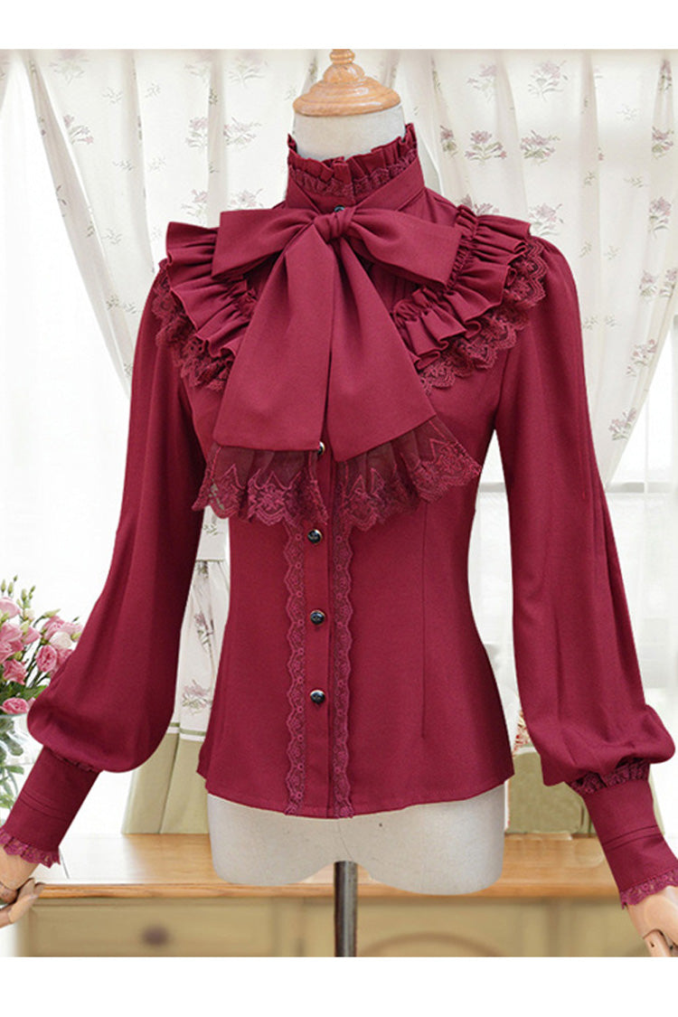Lantern Sleeve Stand Collar Bow Tie Classic Lolita Blouse, Four Shades