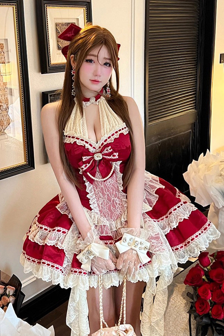 Red Halterneck Sleeveless Double-Layered Ruffle Bow Lace Dress