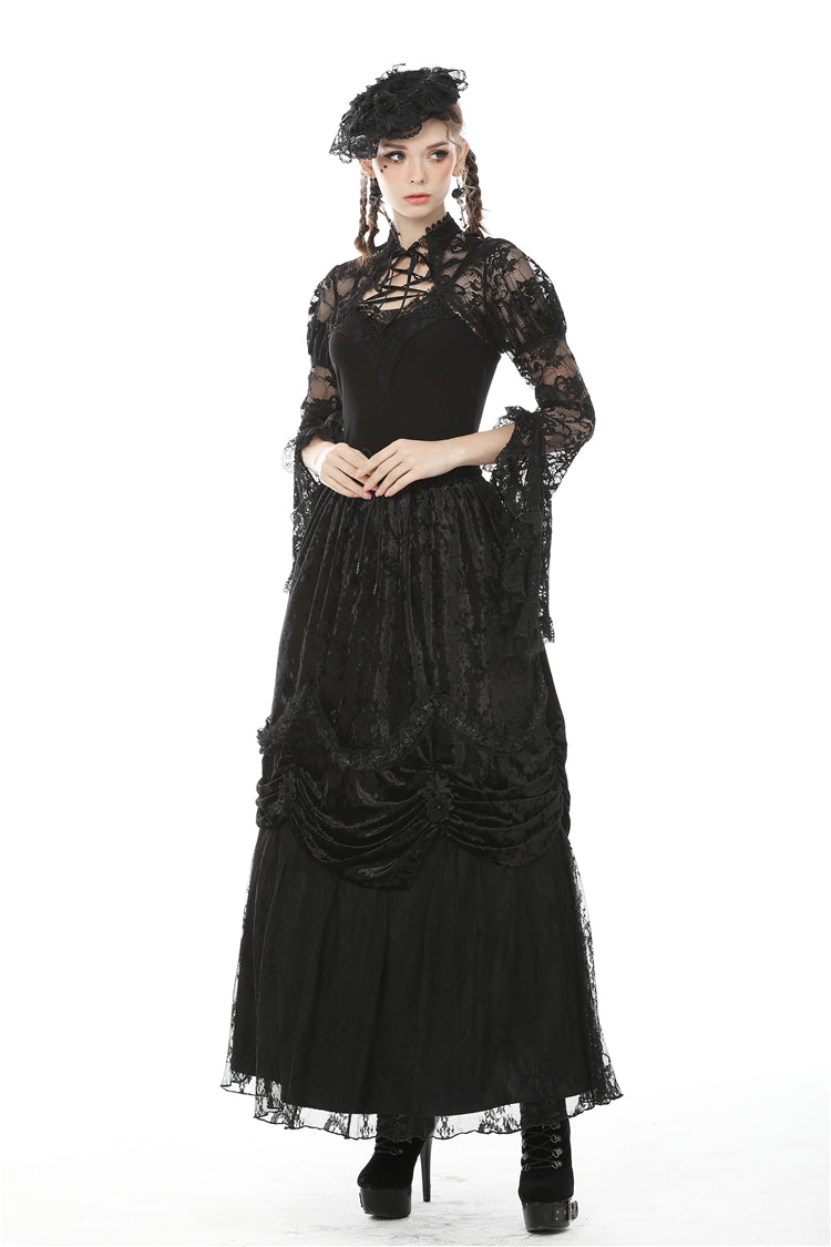 Jet-Black Gothic Cape with Sheer Floral Lace and Lacing for Women
