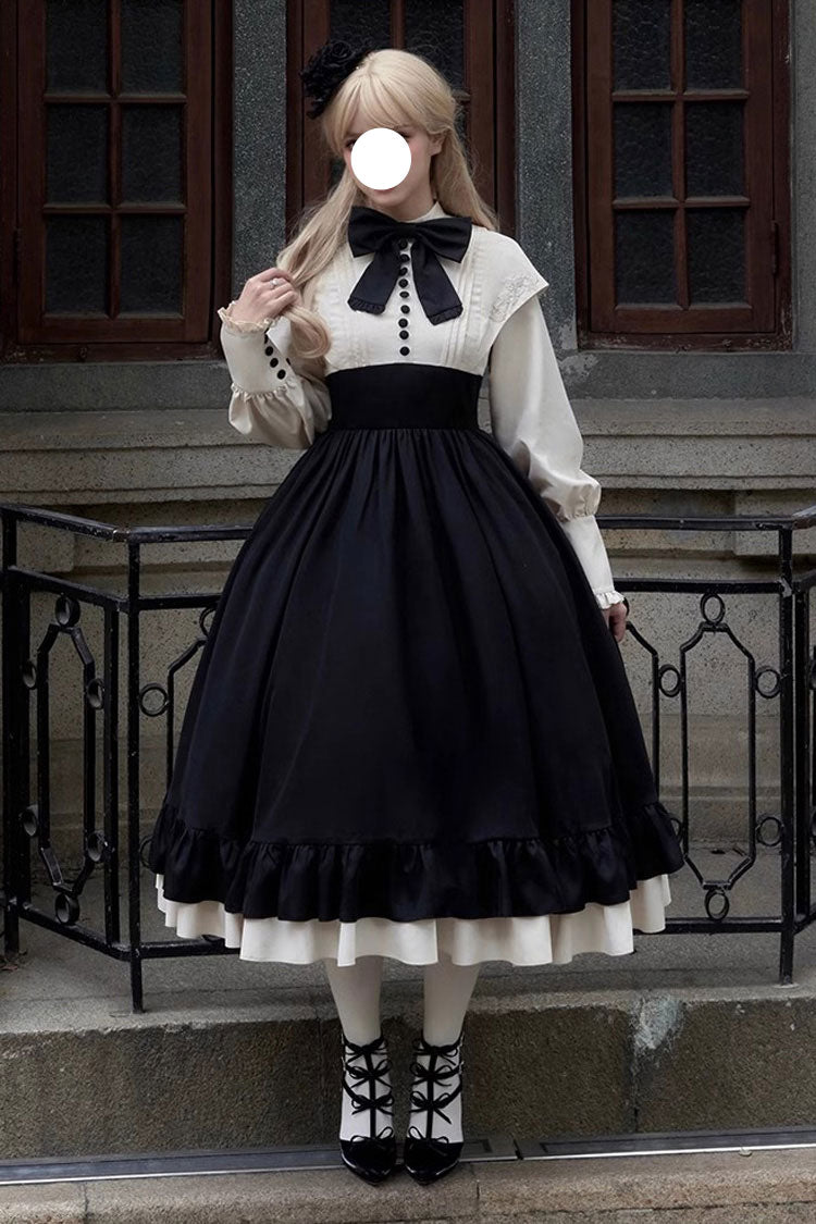 Elegant Rose-Embroidered Long-Sleeve Ruffle Bow Dress with Faux Two-Piece Style in 2 Shades