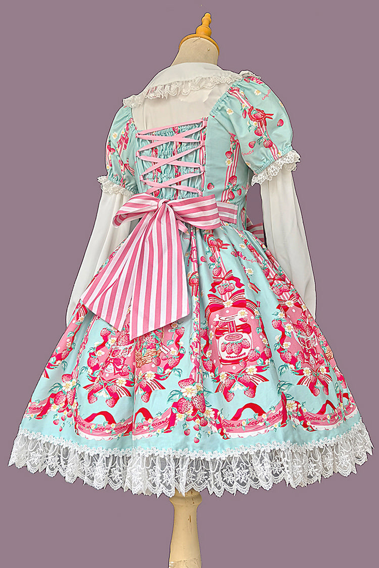 Printed Bowknot Lace Sweet Dress with Short Sleeves - Strawberry Chef