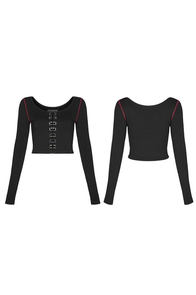 Sable Crewneck Long-Sleeve Front Metal Square Eyelets Fitted Punk Tee for Women