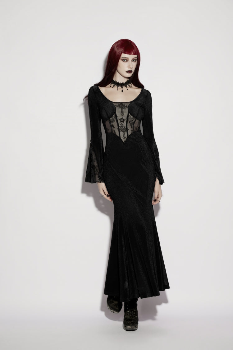 Black Round Collar Long Trumpet Sleeve Spliced Lace Lace-Up Mesh Eyelet Gothic Dress