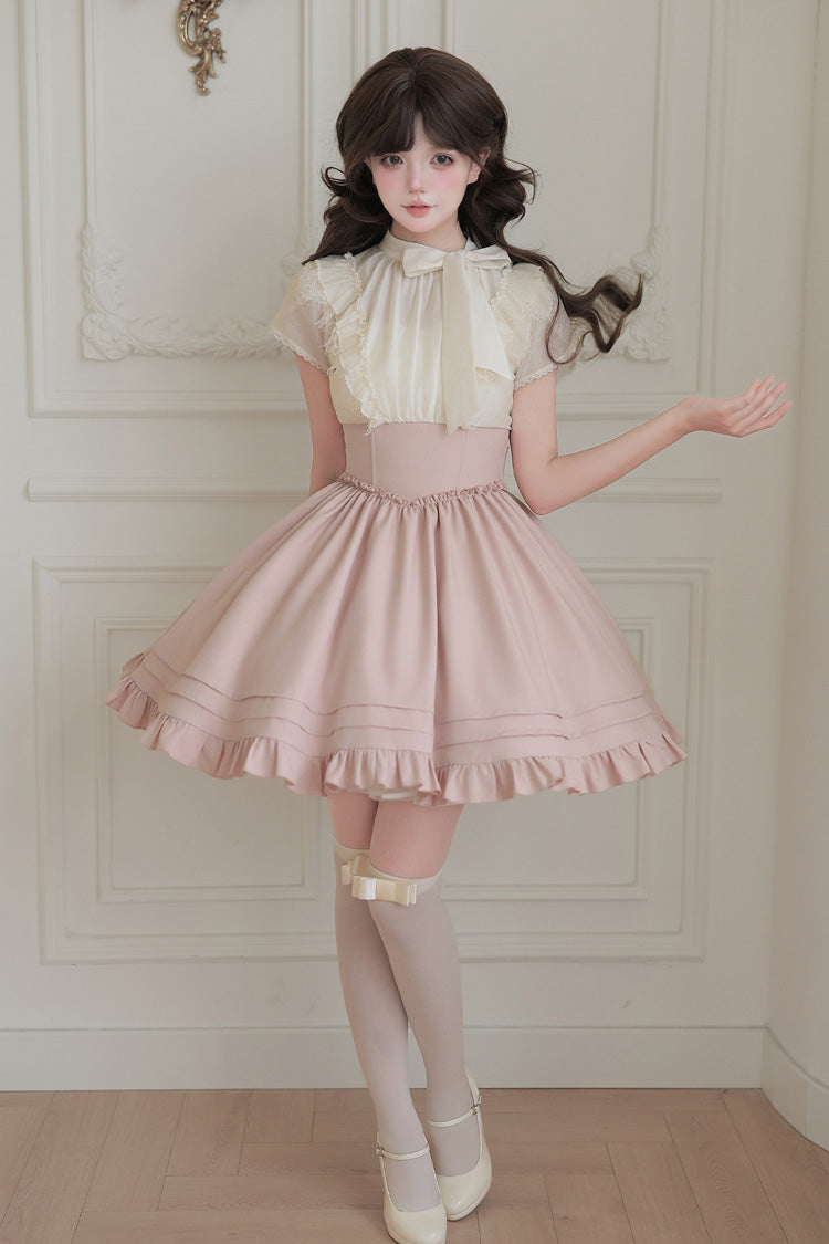 Blush & White Round Collar Short-Sleeve Ruffled Bow Lace Color-Blocked Boned Sweet Lolita Dress