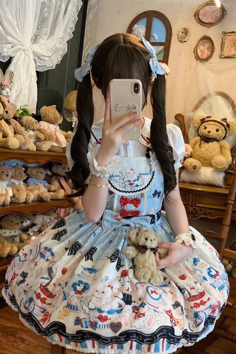 Sleeveless Print Bowknot Lace Sweet Lolita Strap Dress Blue