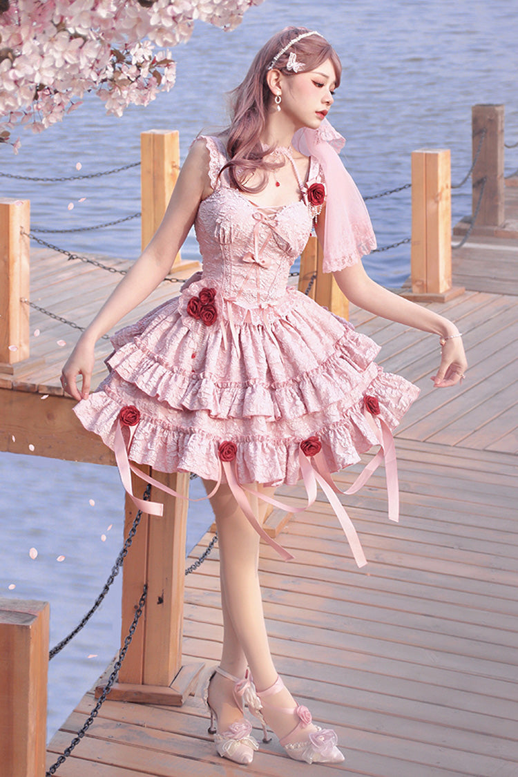 Rosy Mourning Rose Double-Tier Frill Bow Accent Lace Ballet Skirt Set