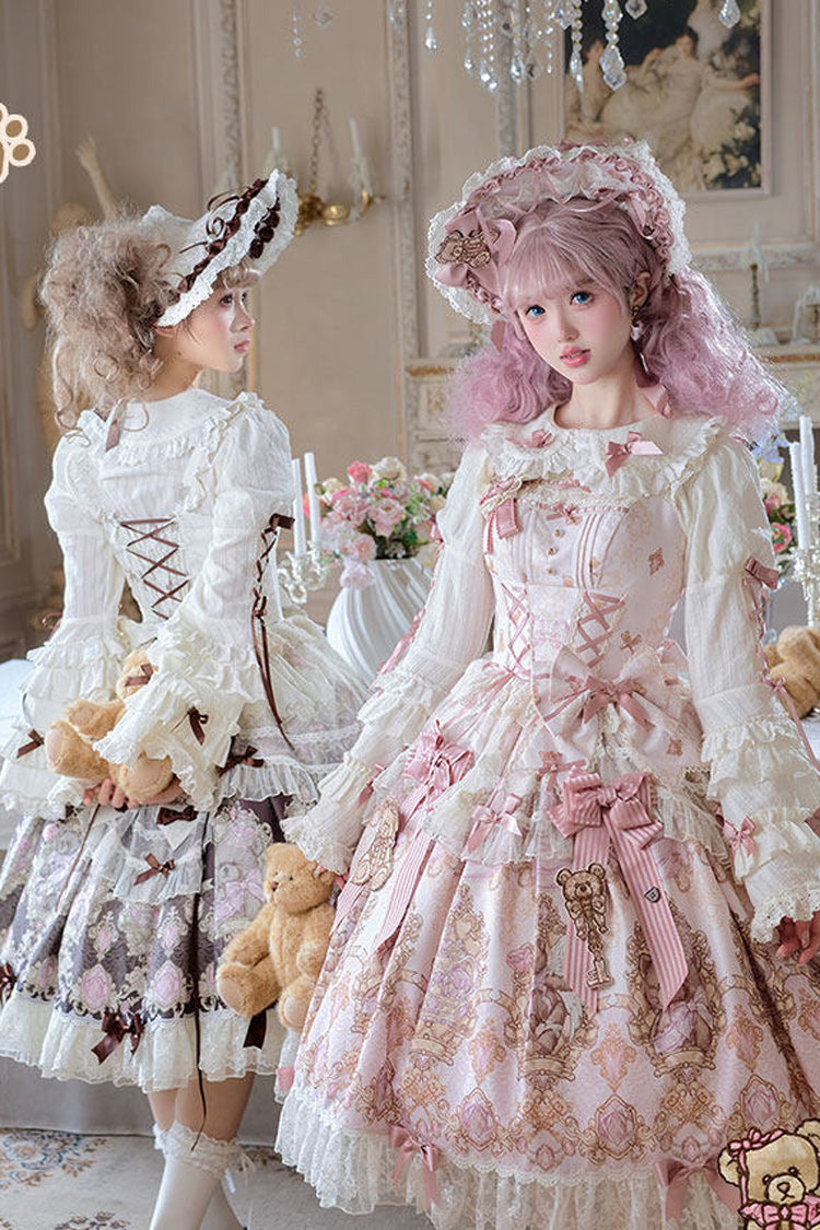 Antique Teddy Bear Sleeveless Print Bow Lace Elegant JSK