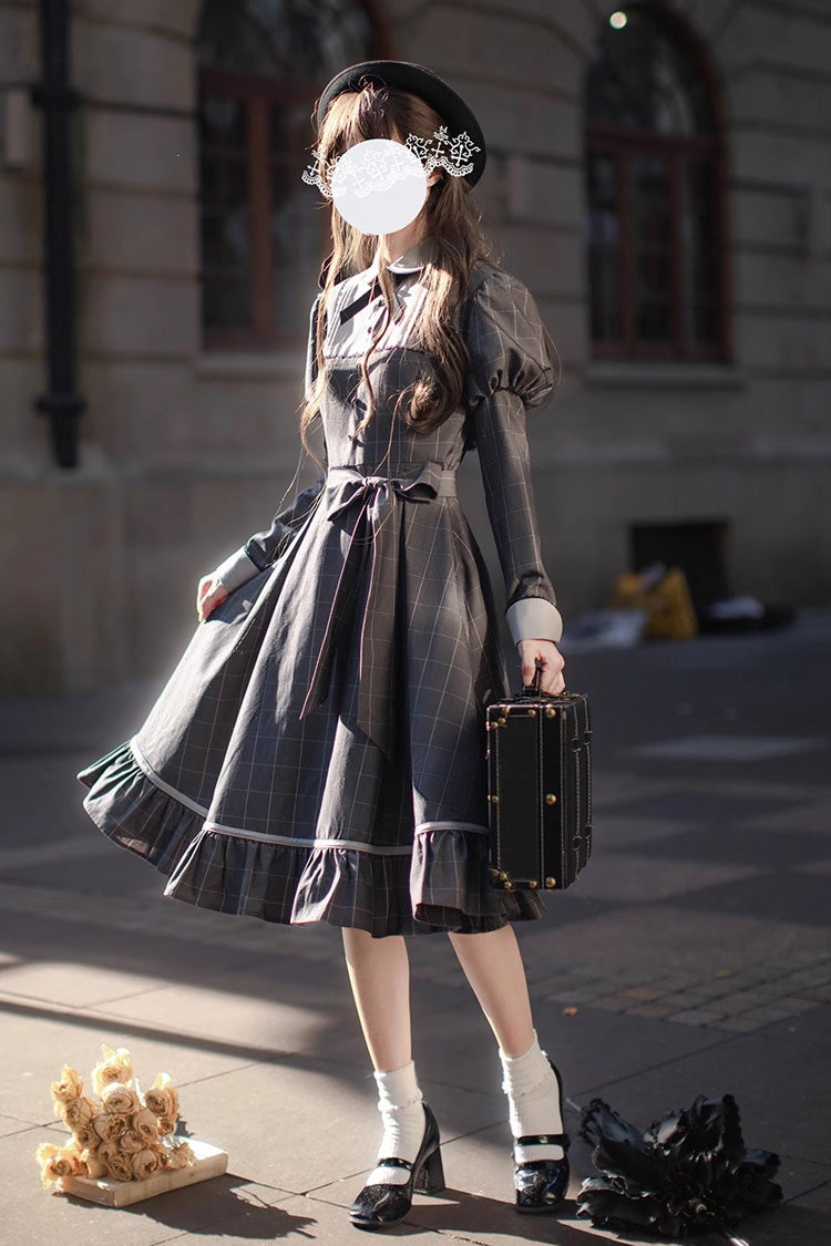 Grey Plaid Print Bow Classic Vintage College Dress