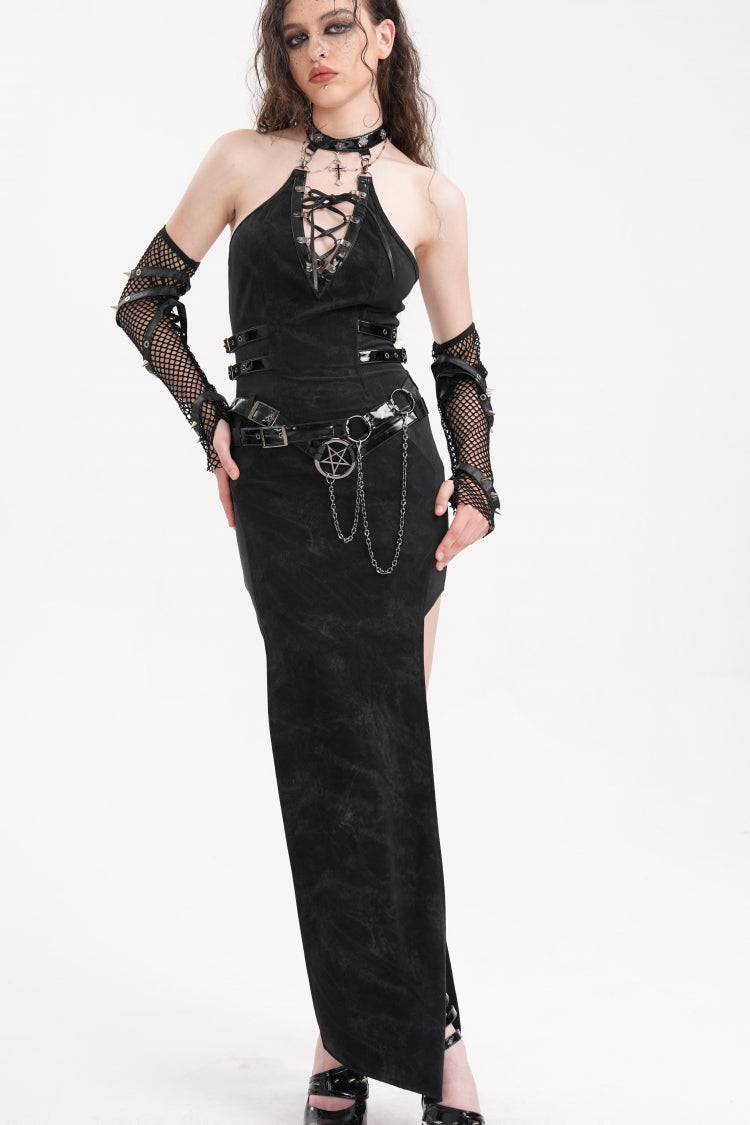 Gothic Maxi Dress with Chains Buckle Halter Lace-Up Hollow