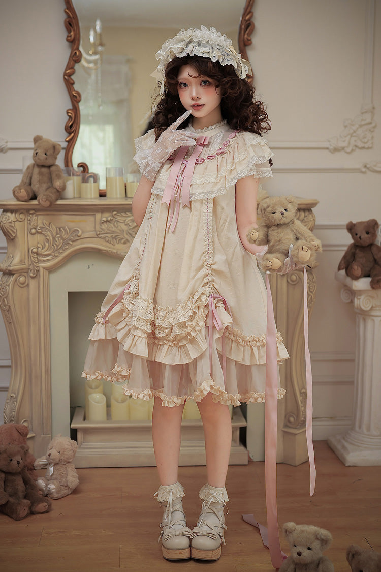 Apricot Sweet Lolita Dress with Stand Collar Short Sleeves Loose Doll-Like Ruffled Bow Lace