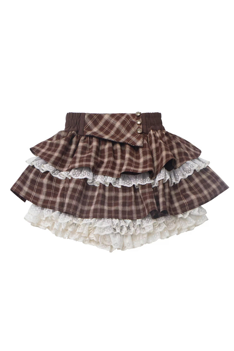 Brown Double-Layer Printed Ruffled Spliced Lace Sweet Skirt - Warm Summer Days