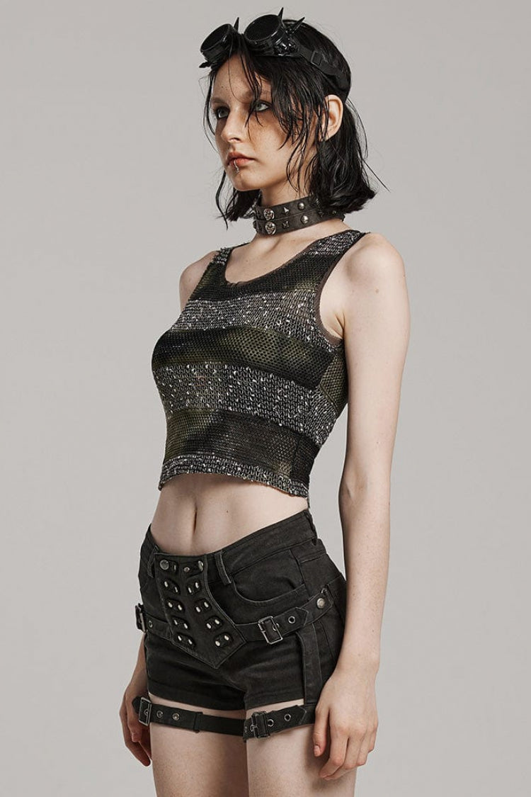 Hollow Slim Striped Round Neck Sleeveless Steampunk Vest