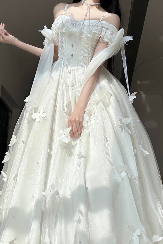 White Sweet Lolita JSK Dress with 3D Butterfly Decoration and Bowknot