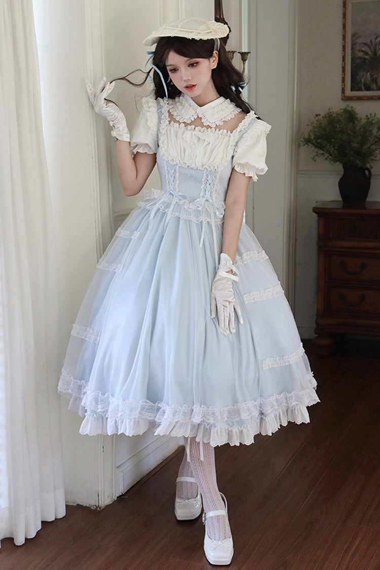 Light Blue Sweet Dress Set with Square Collar and Ruffles