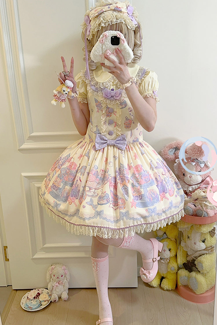 Cream Soda Mermaid Print Yellow Bow Lace Sweet Lolita Strap Dress