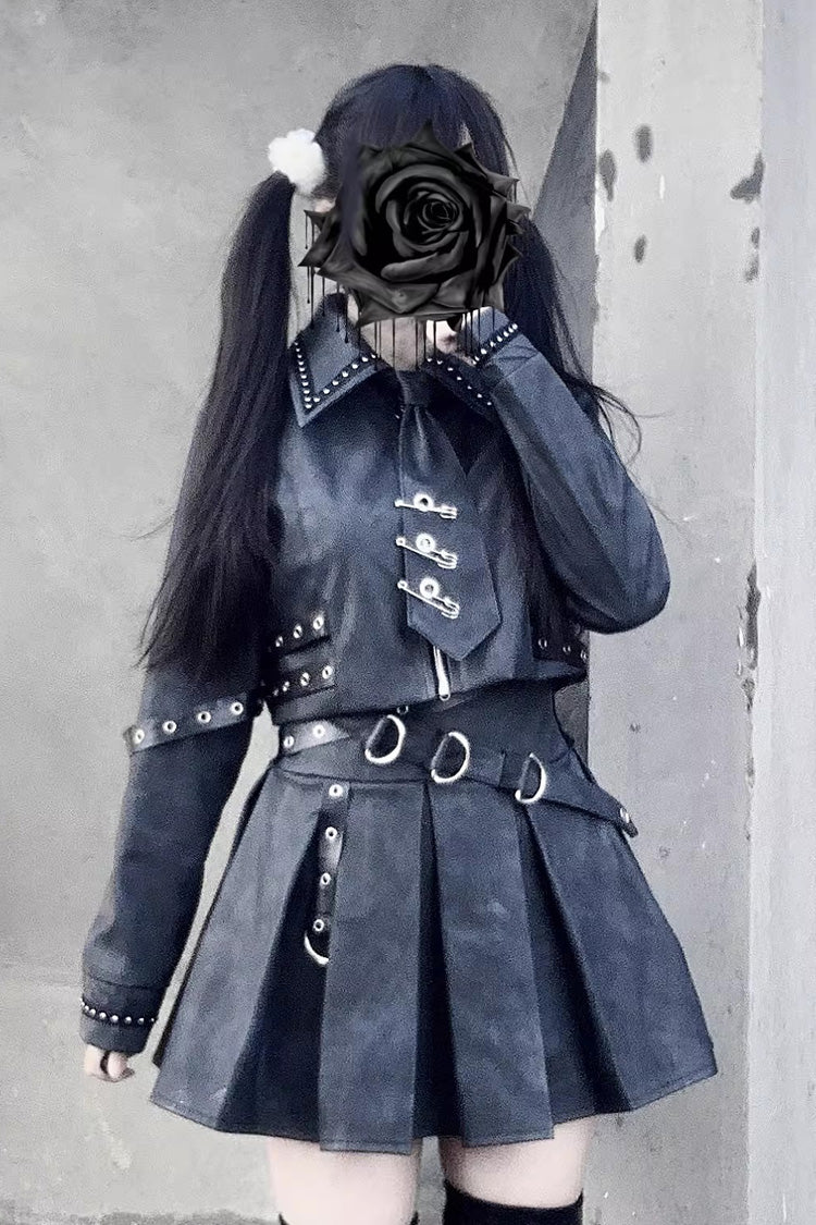 Eternal Night Lapel Collar Studded Eyelet Gothic Handsome Top Skirt Set