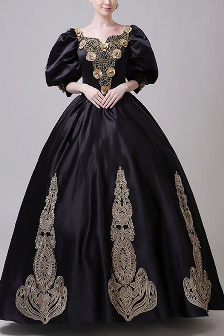 Boat Neck Half Sleeves High-Waist Gold Floral Hollow Print Victorian Lolita Ball Gown