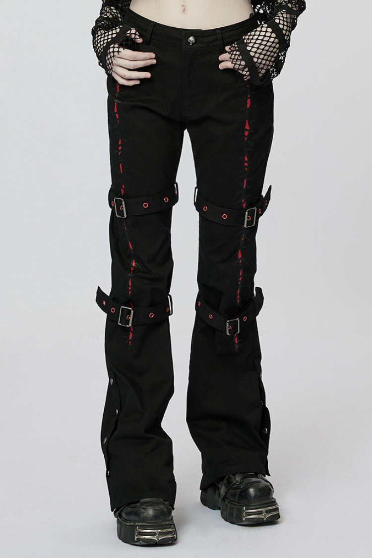 Crimson & Noir Steampunk Buckle Accent Flared Trousers for Women