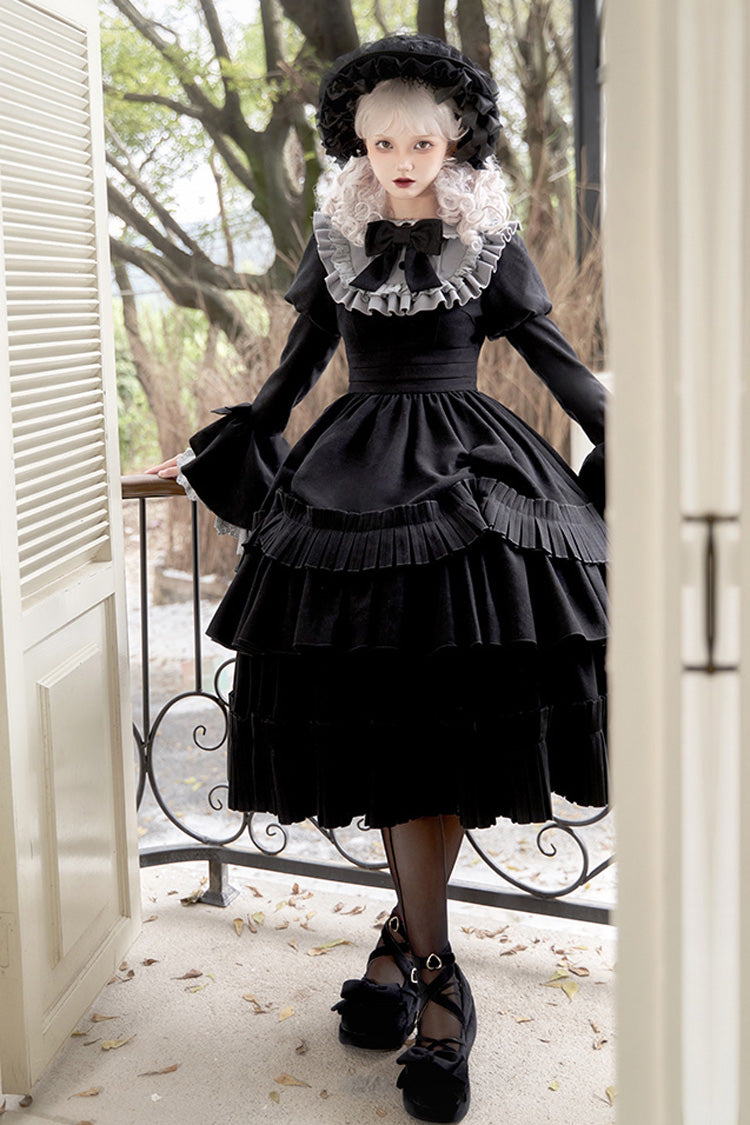 Long Hime-Sleeve Ruffled Bow Gothic Dress in Black