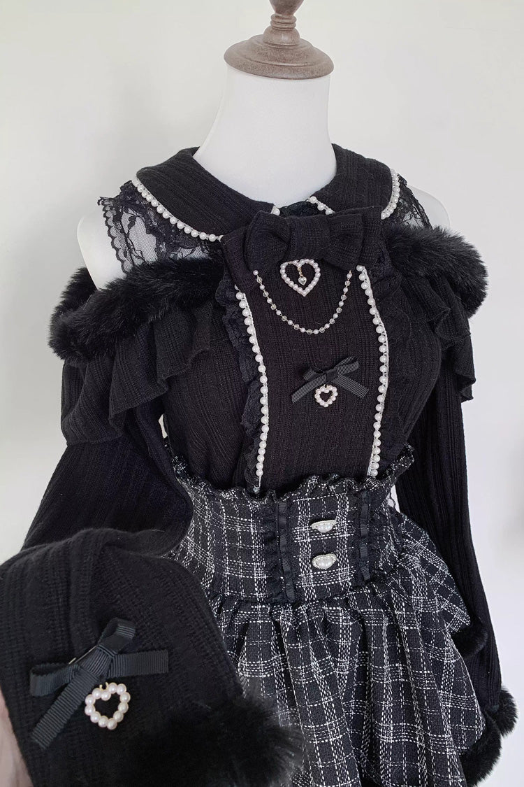 Pearl Decorated Bow Lace Off Shoulder Knit Jirai Sweater in Two Tones