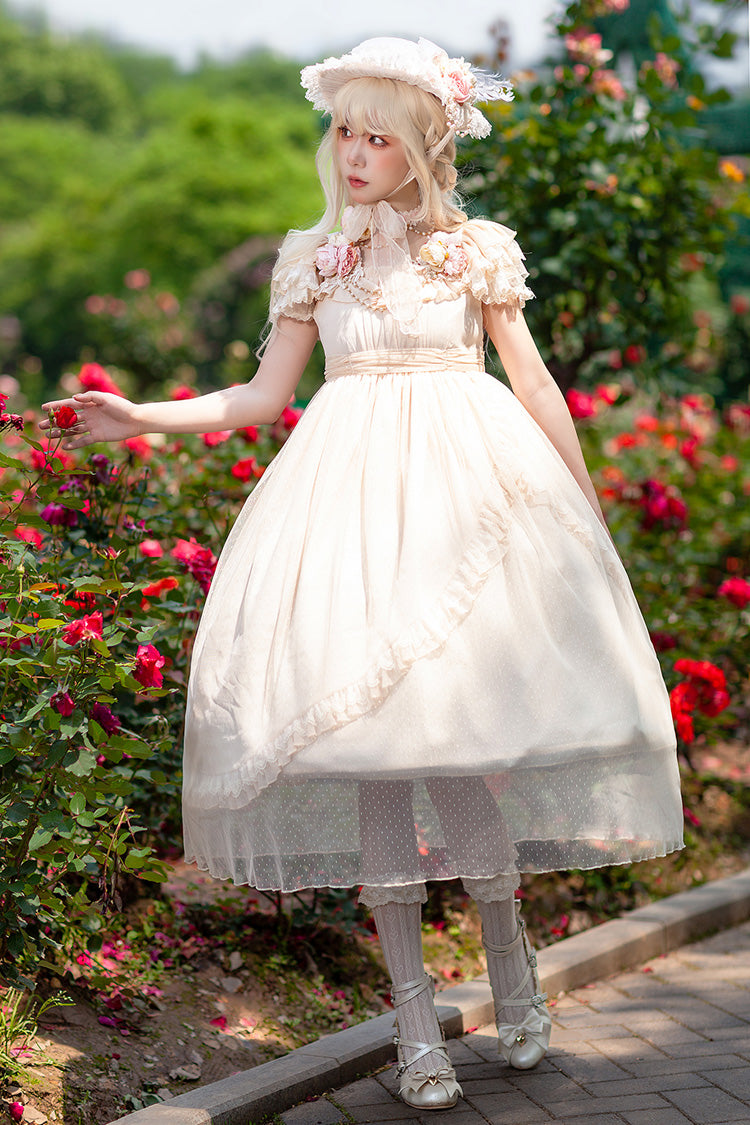 Apricot Elegant Lolita Dress with Polka Dot Print Ruffles Bowknot and Asymmetric Sweet Style