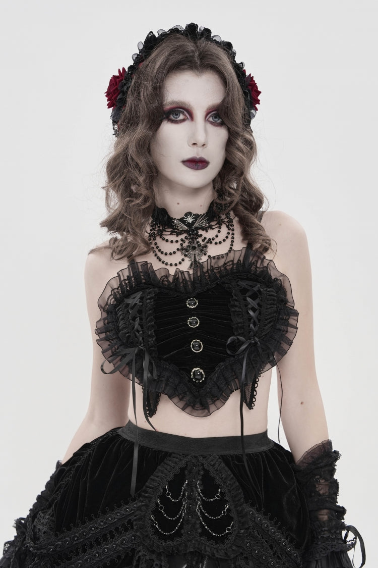Dark Ruffled Corset with Bow Accents and Off-Shoulder Design
