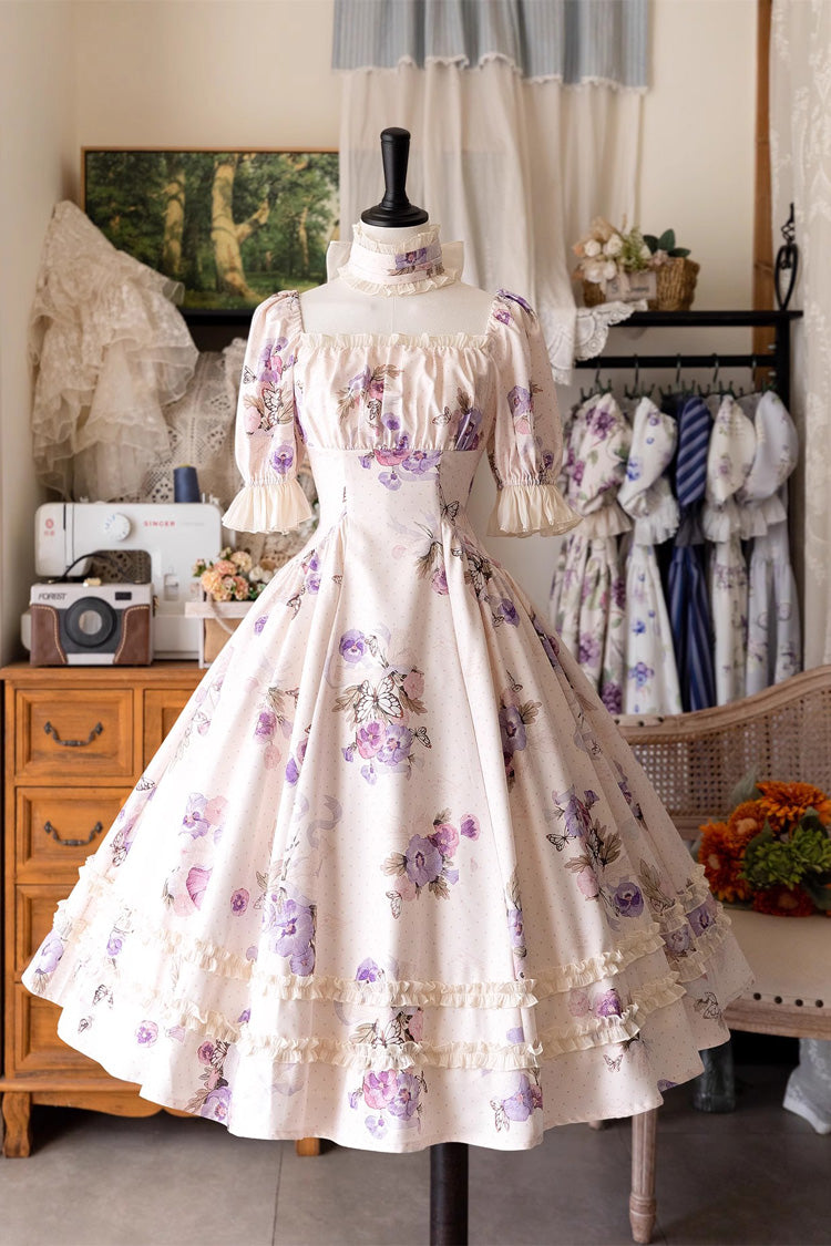 Forest Basket Printed Ruffled Lace Sweet Elegant Dress