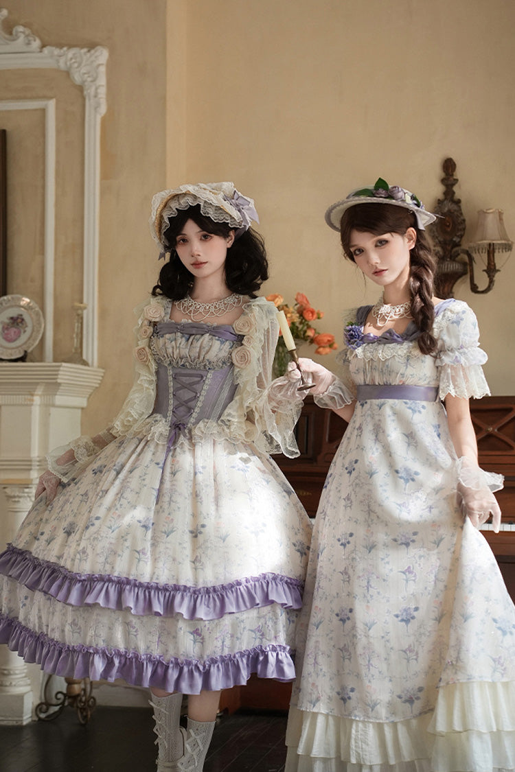 Ivory Purple Short Sleeve Double-Layered Ruffle Lace Bowknot Sweet Dress