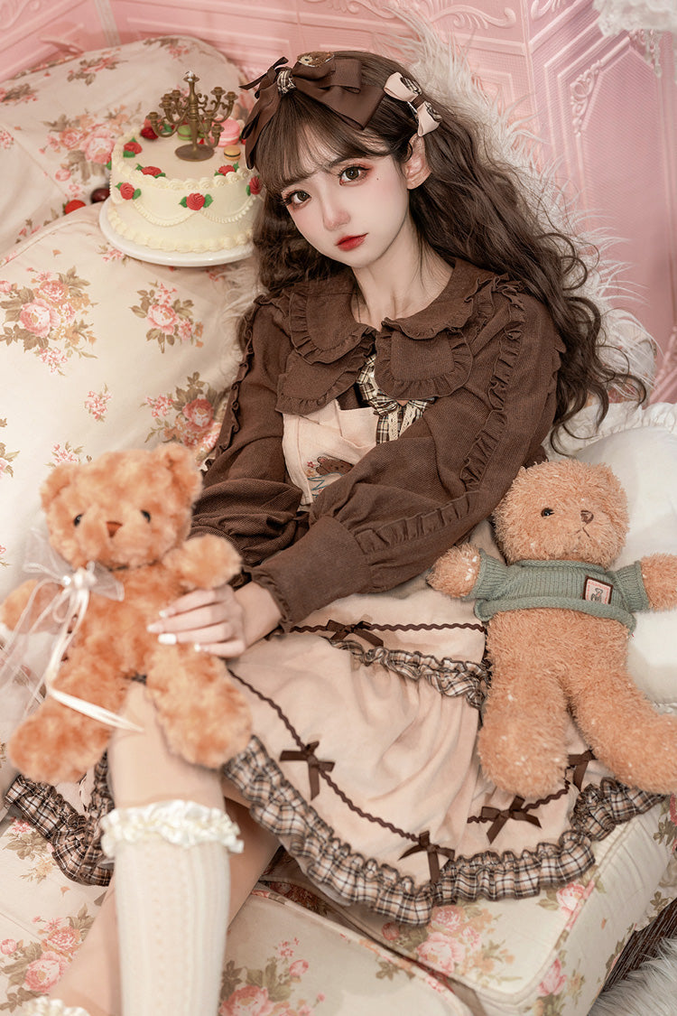Khaki Cute Bear Embroidered Sleeveless Double Layer Ruffle Bow Sweet Jsk Dress