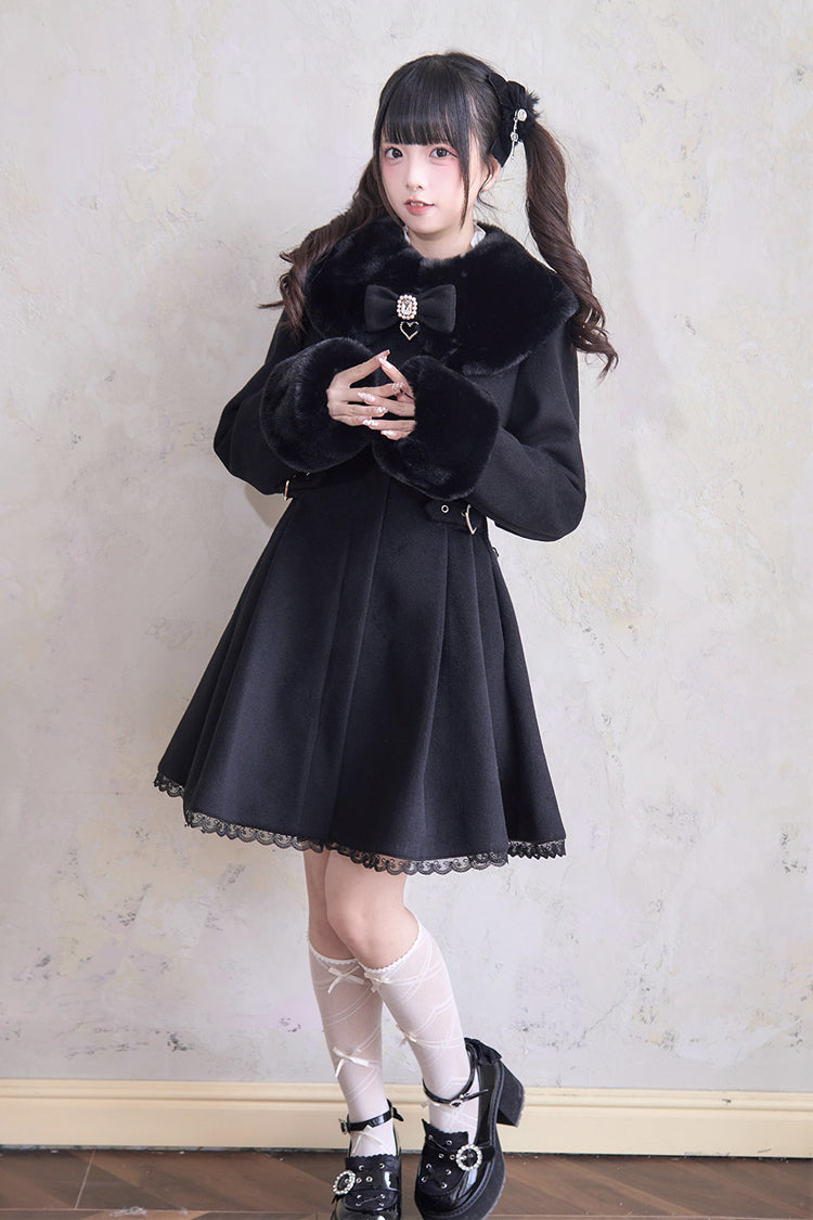 Plush Collar Waist-Cinched Long Sleeve Bow Lace Coat - Lolita Outerwear