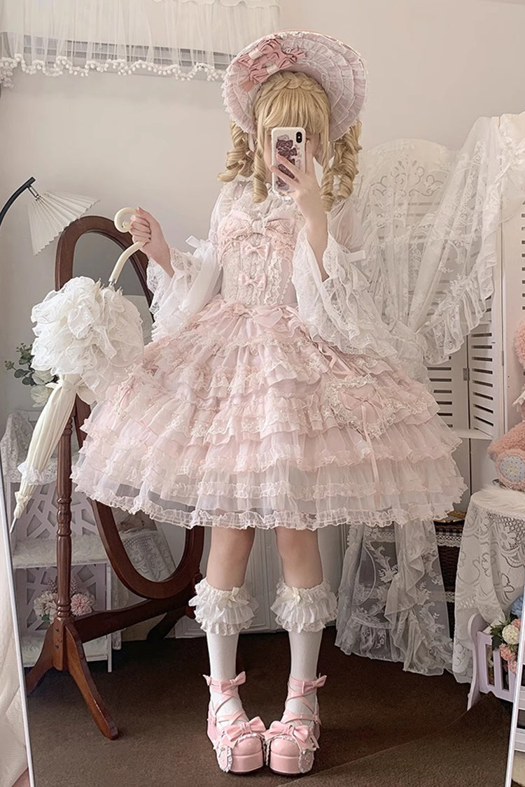 Pink Multi-Layered Ruffled Hanayome Embroidered Bow Lace Sweet JSK - Sweetheart Diary