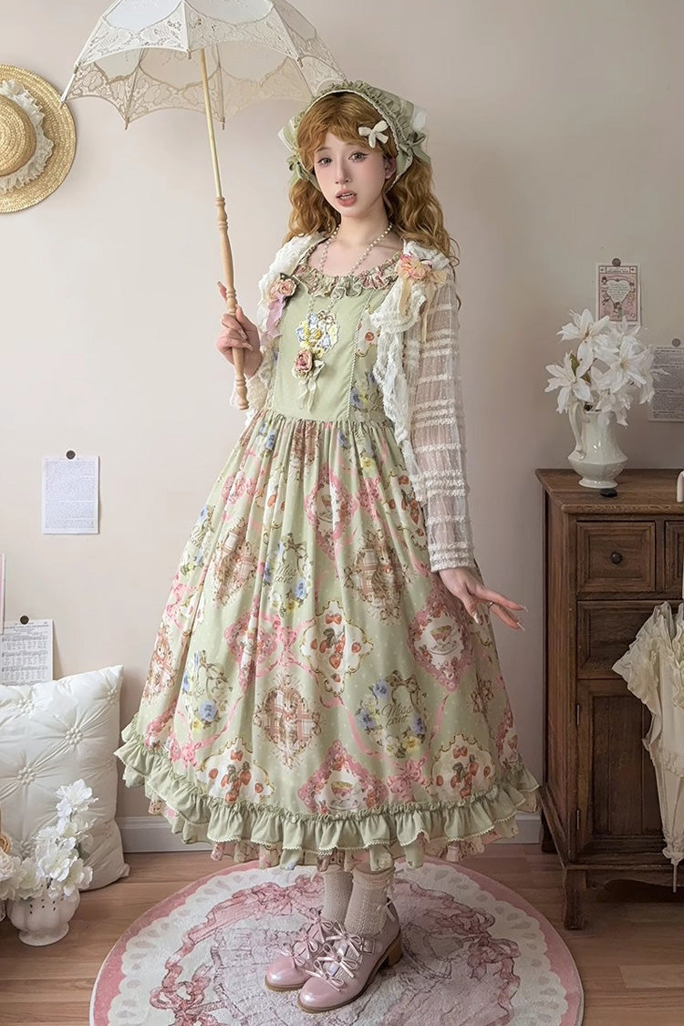 Green Sleeveless Print Ruffle Bowknot Sweet JSK Dress