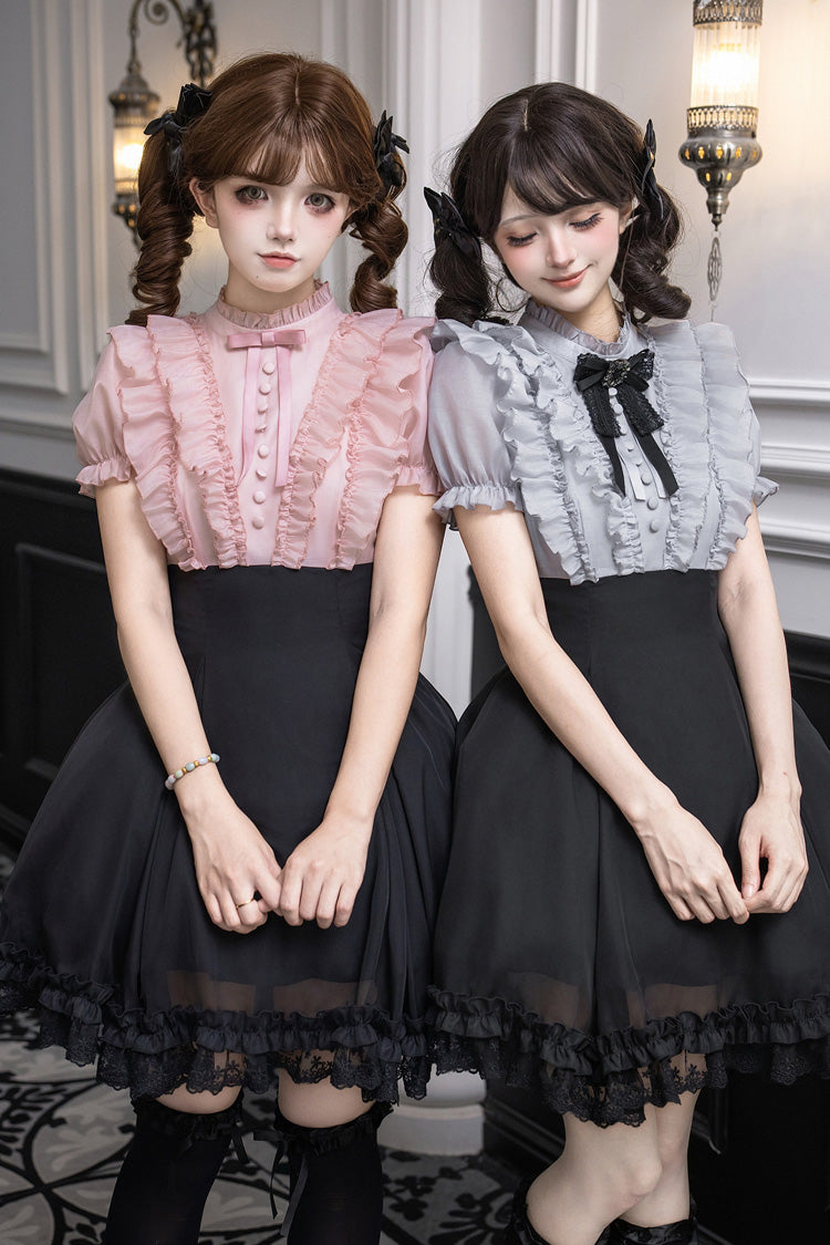 Miss Lola Snow Kiss Stand Collar Short Puff Sleeves Ruffled Color-Blocked Faux Two-Piece Sweet Lolita Dress 3 Colors - Black