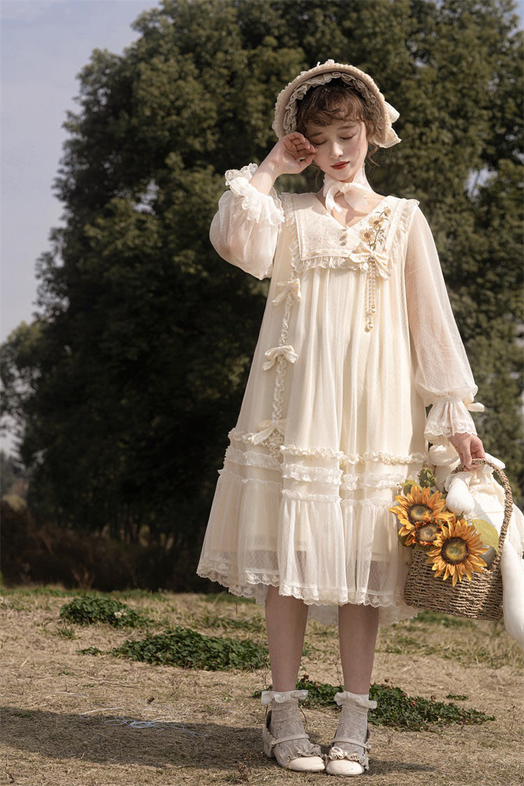 Ivory Sweet Princess Lolita Dress with Lace Embroidery Ruffled Bowknot - Sunflower Diary