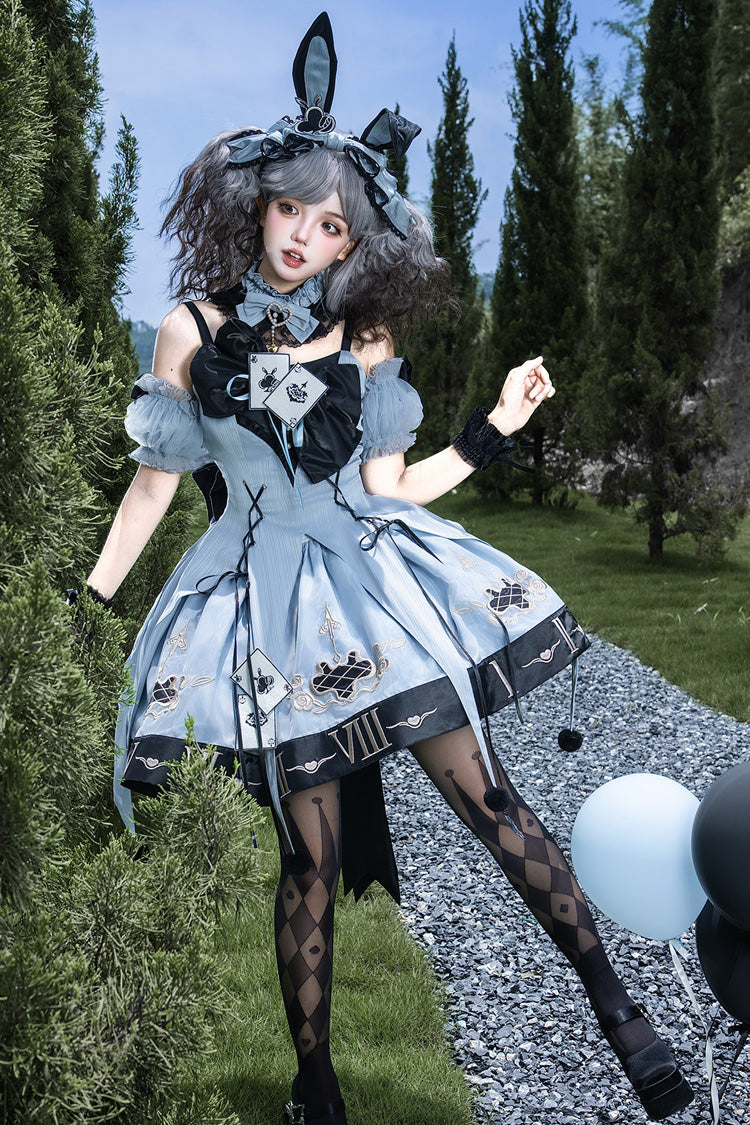 Blue Embroidered Lace-Up JSK Dress with Bow Detail