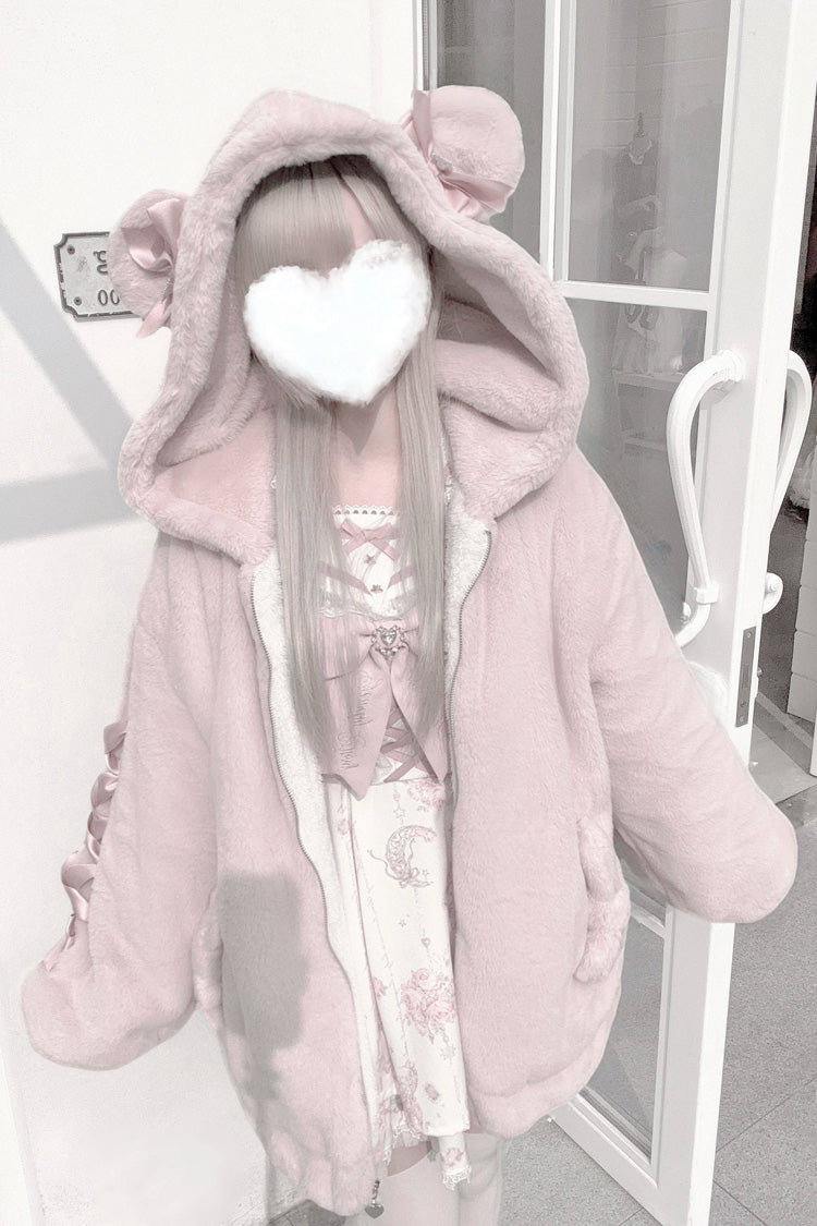 Sleepy Bear Fluffy Japanese Jirai Kei Coat with Bow and Lace-Up