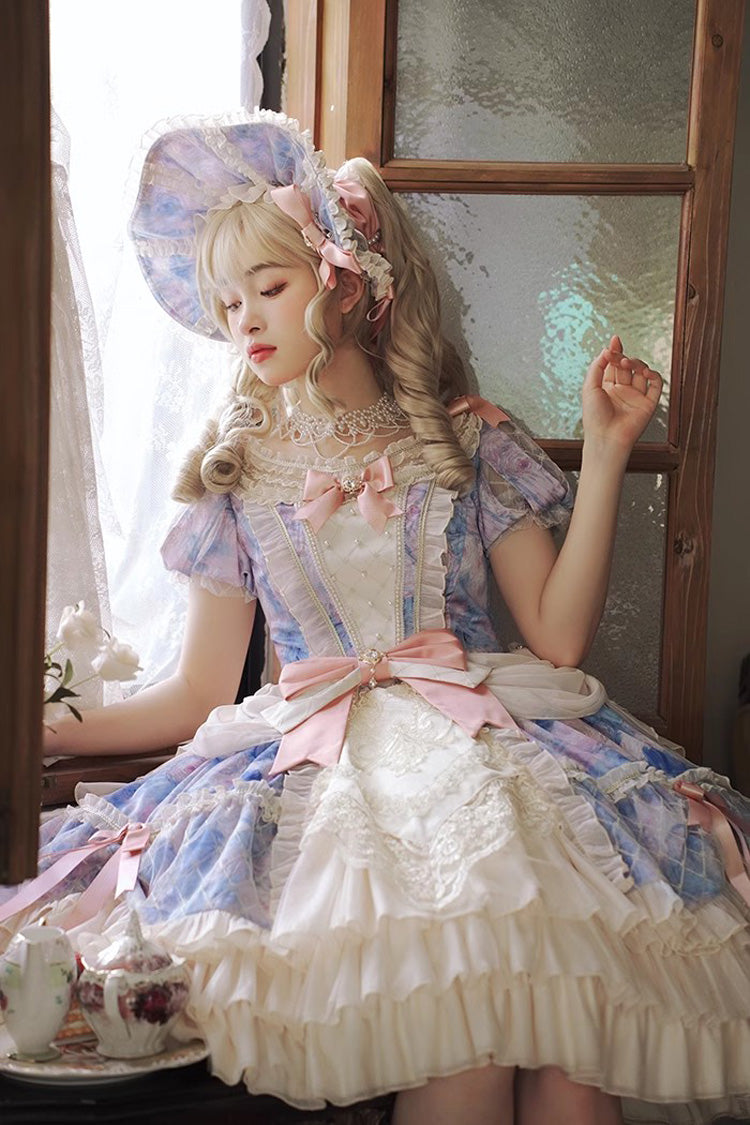 Angel Heart Sky Oil Painting Printed Bow Cardigan Sweet Lolita Dress - Multi-Color