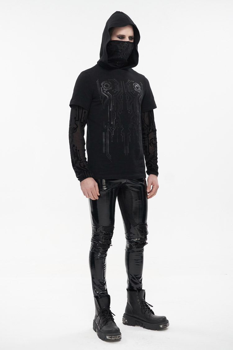 Mesh Paneled Hooded T-Shirt with Circuit Print for Men