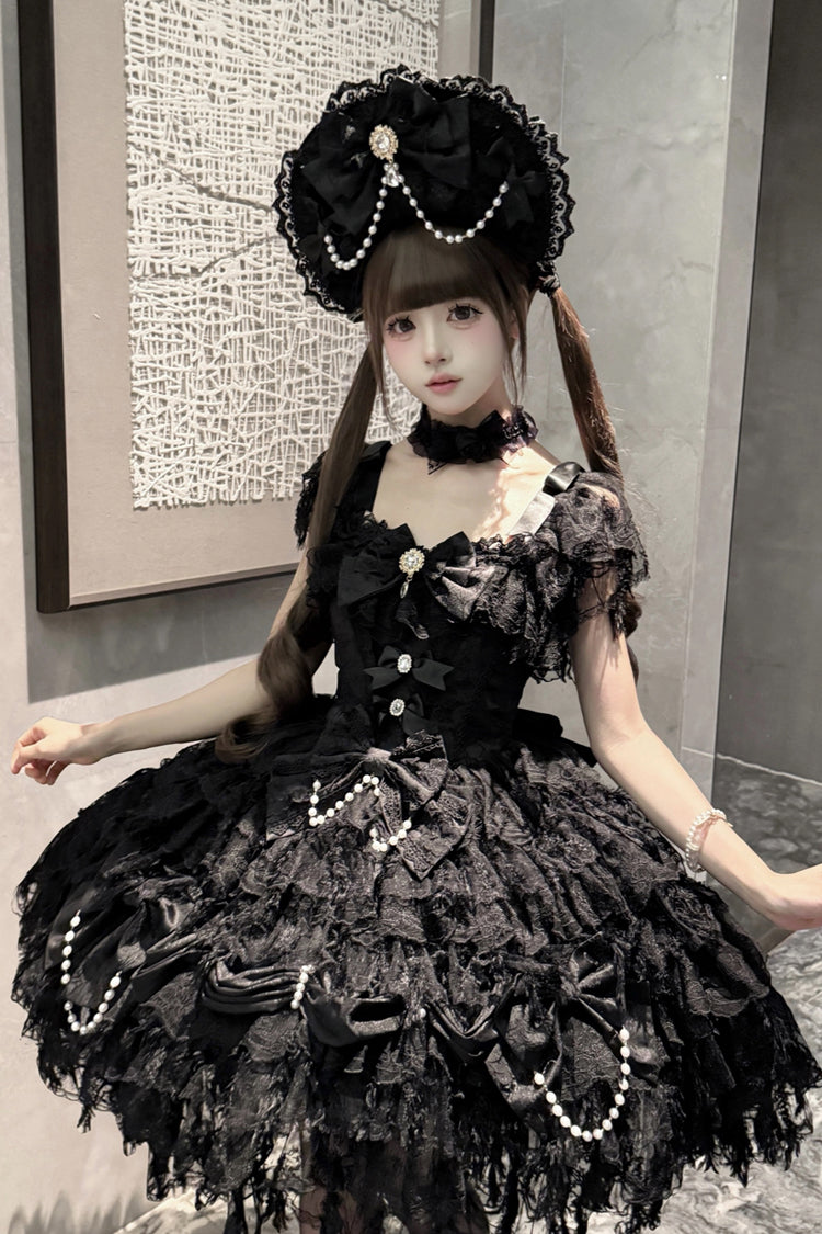 Sleeveless Bow-Adorned Pearl Gothic JSK in Black