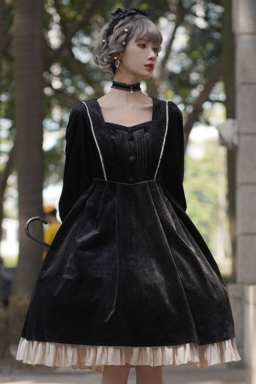 Ebony Velvet Classic Lolita One-Piece with Faux Collar