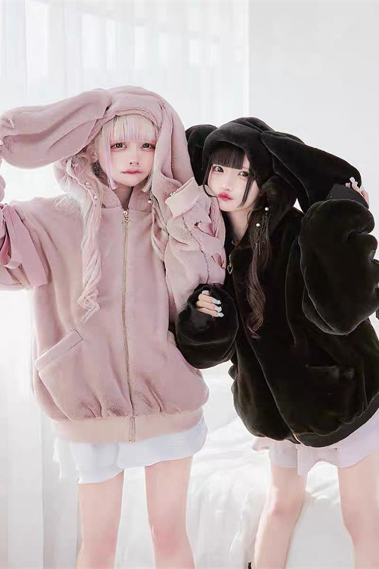 Black Rabbit Ears Bowknot Lace-Up Hooded Jirai Kei Coat