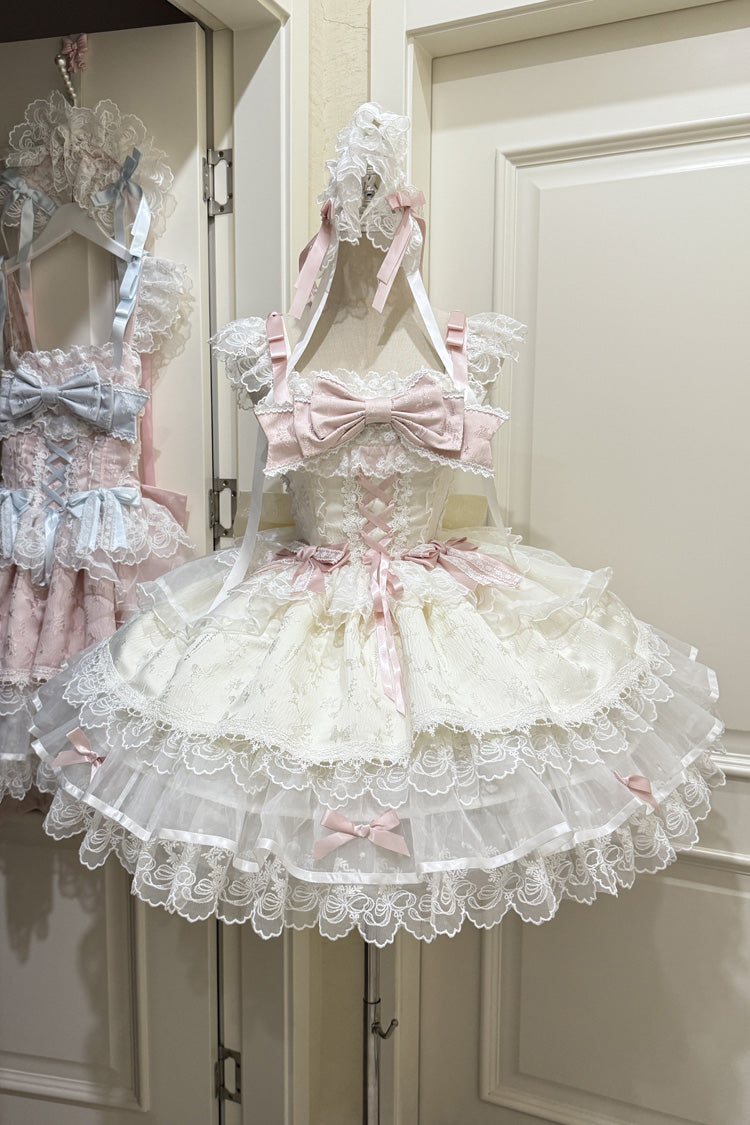 Apricot Sweet Ballet Lolita JSK Dress with Sleeveless Ruffles Bowknot Lace and Slim Fit