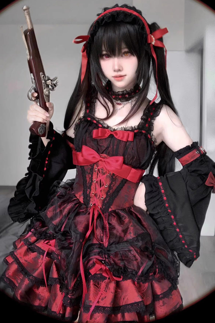 Black Red Sleeveless Multi-Layer Ruffled Lace-Up Gothic Jsk Dress