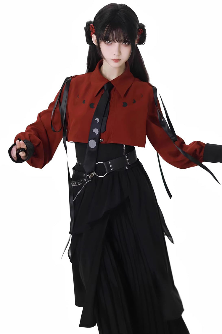 Moonlight Flowing Ruffled Asymmetric Gothic Jirai Kei Skirt Set - Red/Black