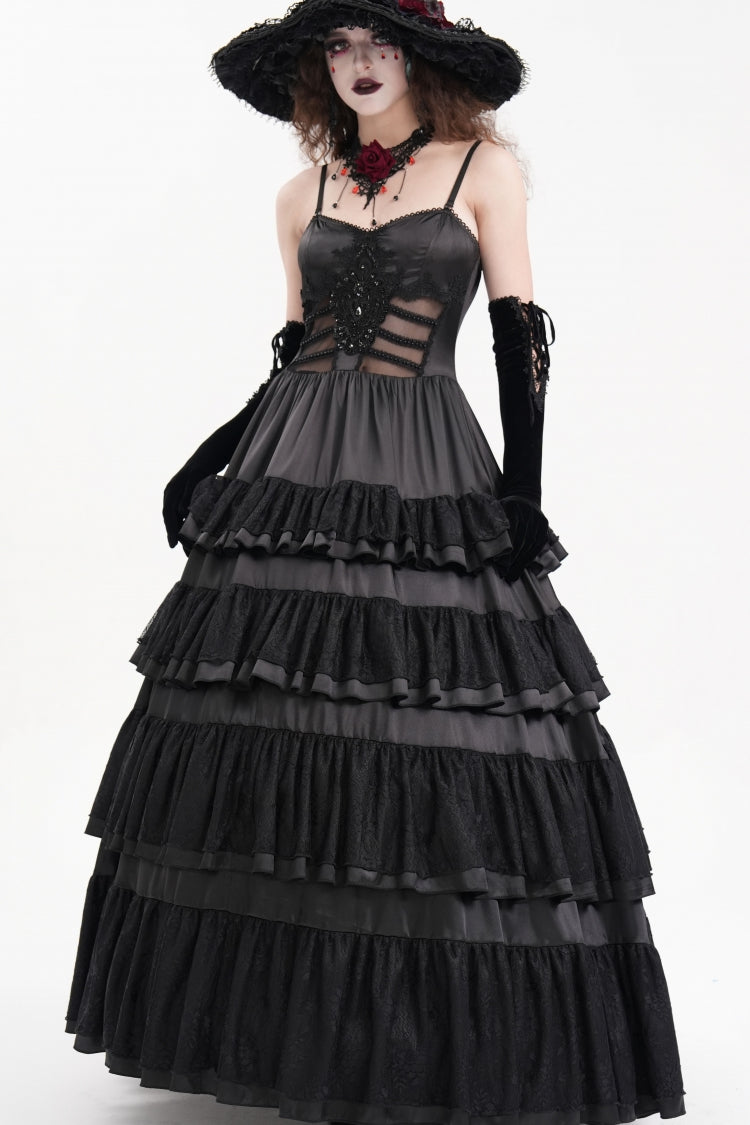 Gothic Mesh Dress with Ruffles and Lace-Up, Black
