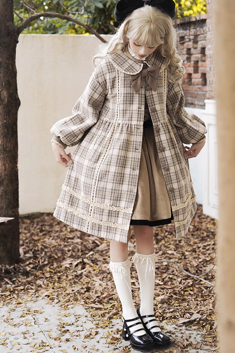 Light Brown Doll Collar Long Sleeve Multi-Layer Print Bowknot Sweet Lolita Coat
