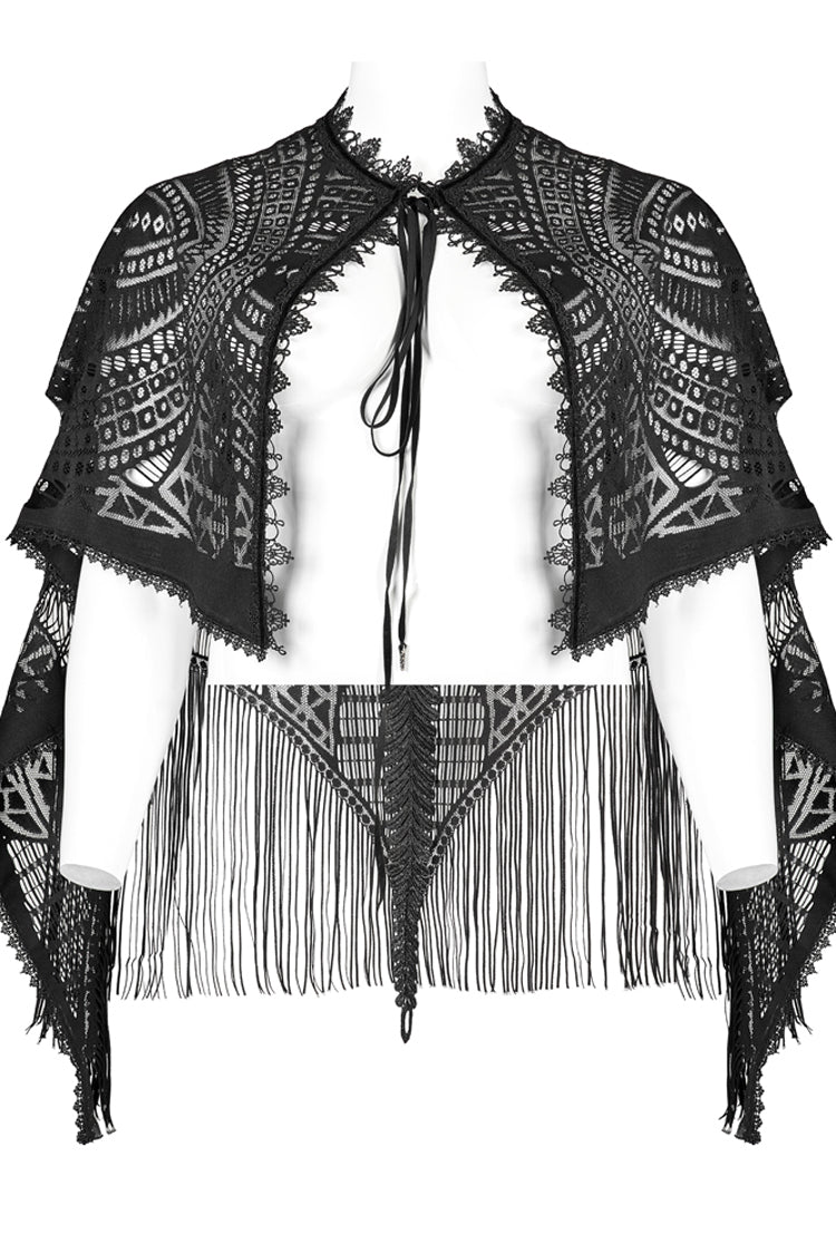 Openwork Lace Embroidery Hem Fringed Gothic Shawl