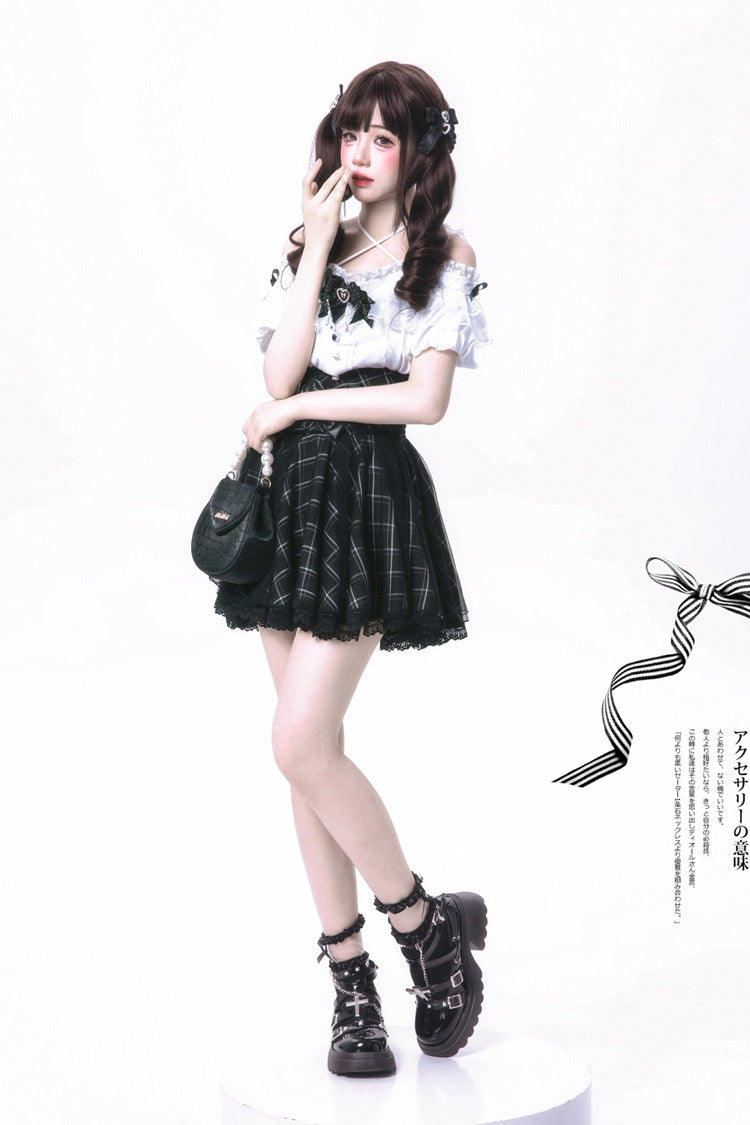 Plaid Bow Classic Jirai Kei Skirt Ensemble with Off-Shoulder Sleeves