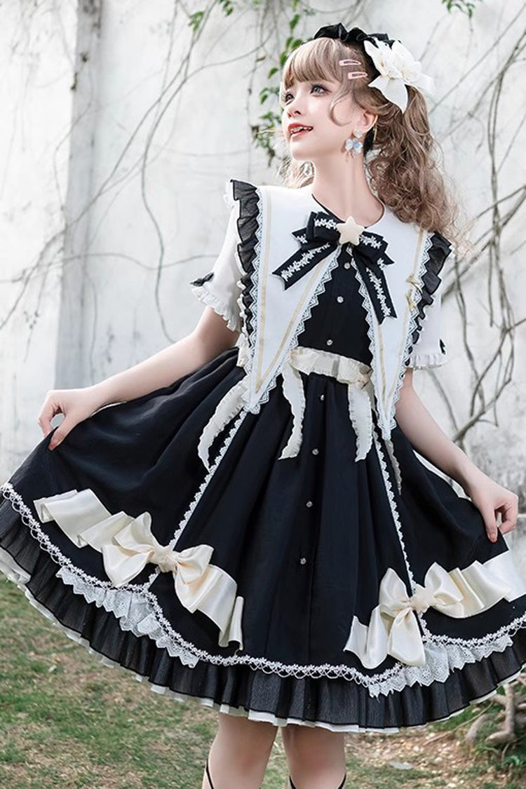 Black Sweet Lolita Dress Short Sleeved Bowknot Lace Stitched Ruffled - Sleeping Star