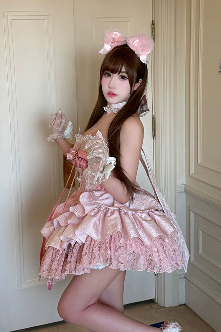 Princess Ballet Sweet Lolita JSK Dress with Ruffled Bow and Lace-Up - Pink
